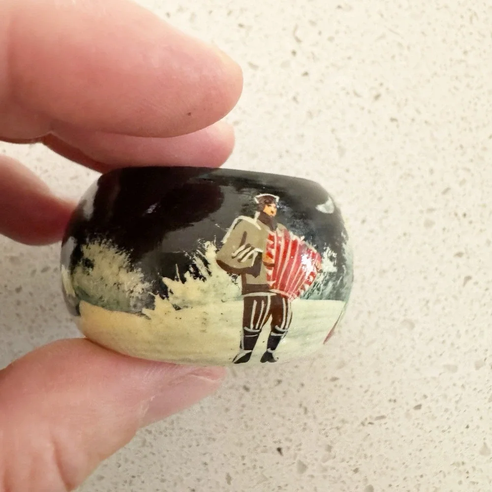 6 Vintage Handpainted Russian Napkin Holders Winter Scene Holiday Christmas